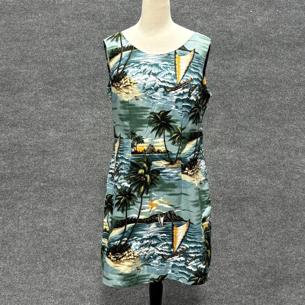 Aloha Republic Dress Womens L Blue Hawaiian Tropical Cotton Shift Sundress